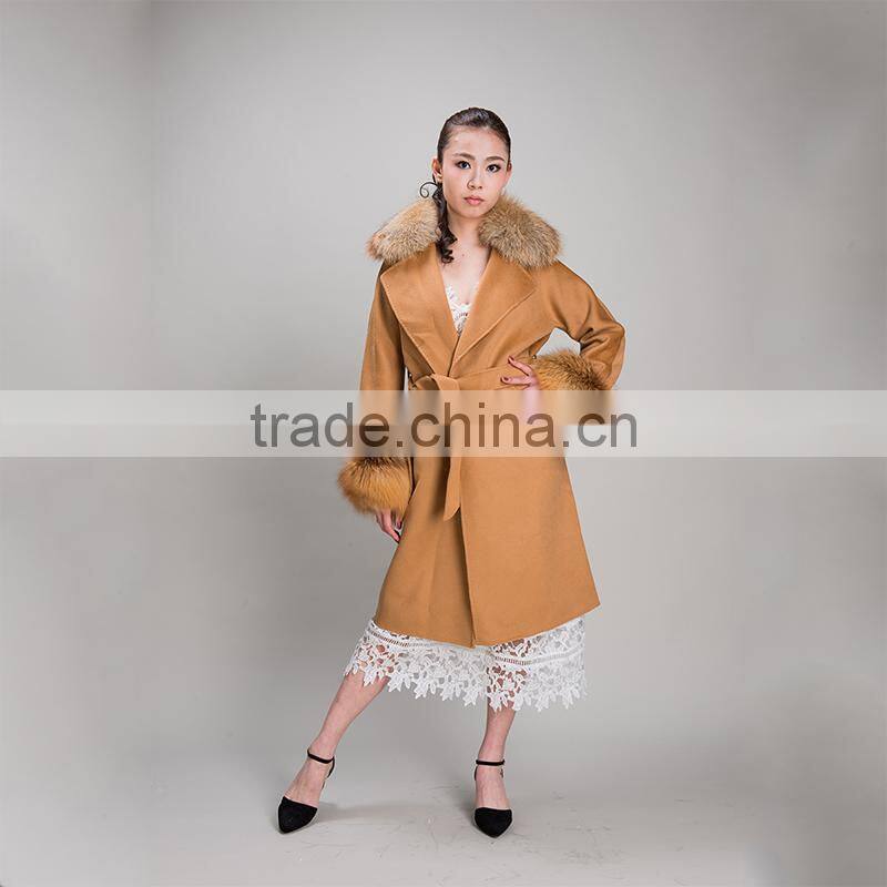 Myfur Factory Wholesale Wool Coat with Detachable Red Fox Fur Collar and Fox Fur cuff Wool Fur Jacket