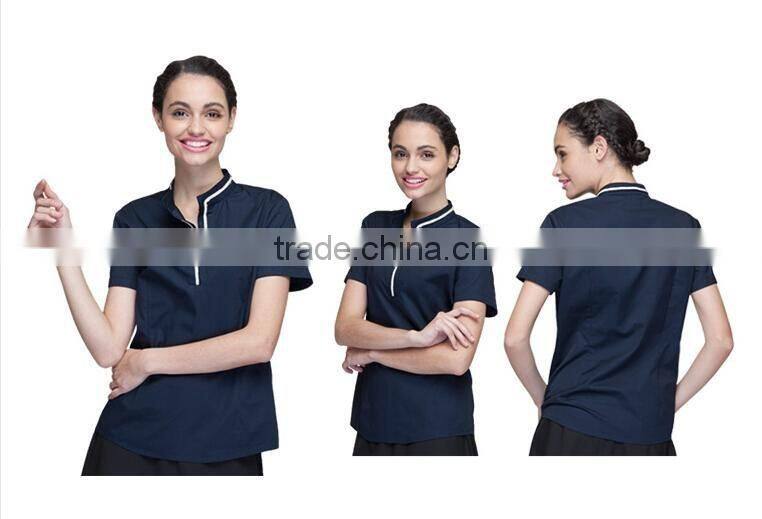 Juqian 2016 custom factory price latest stylish navy cheap short sleeve summer Unisex hotel staff uniform designs in China