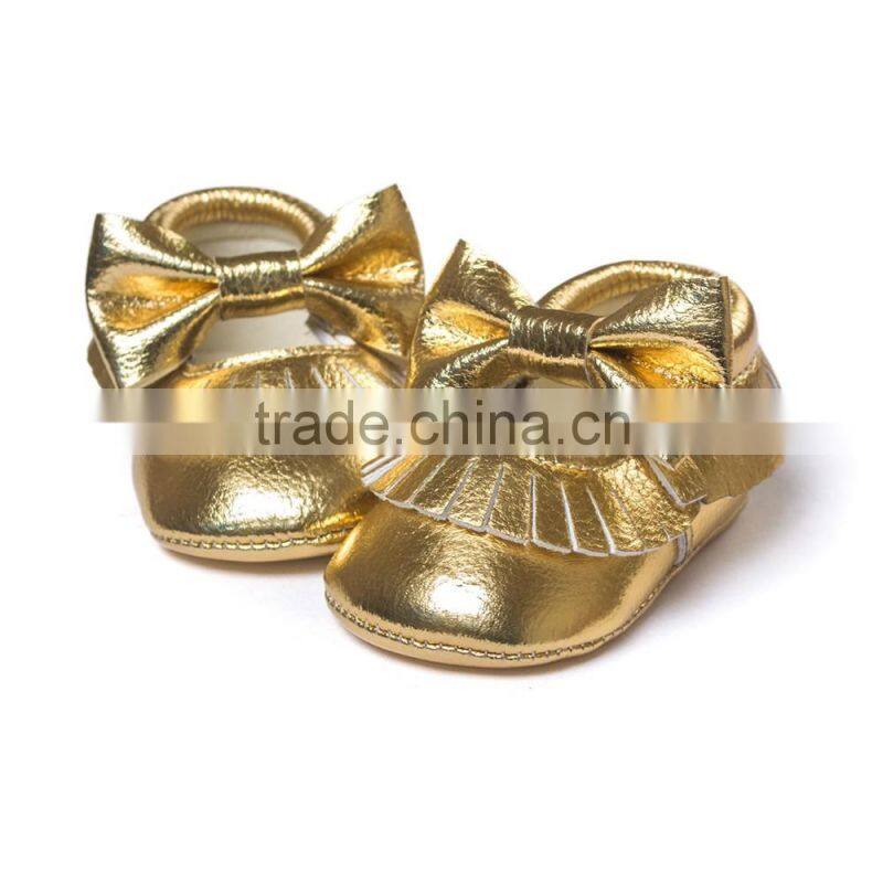golden baby PU moccasins, bow design little girl moccasins