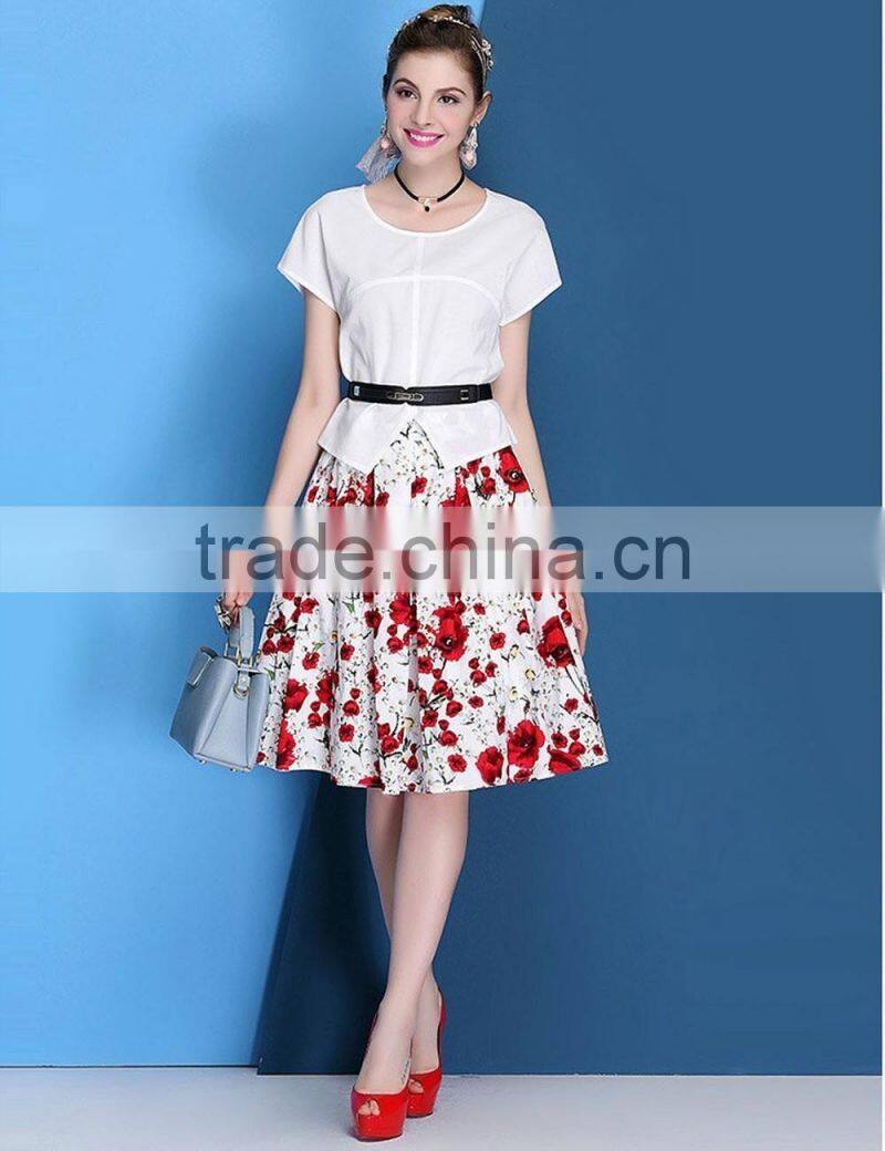 European style O-neck top +elastic waist two pieces printing knee-length dress sets/suits