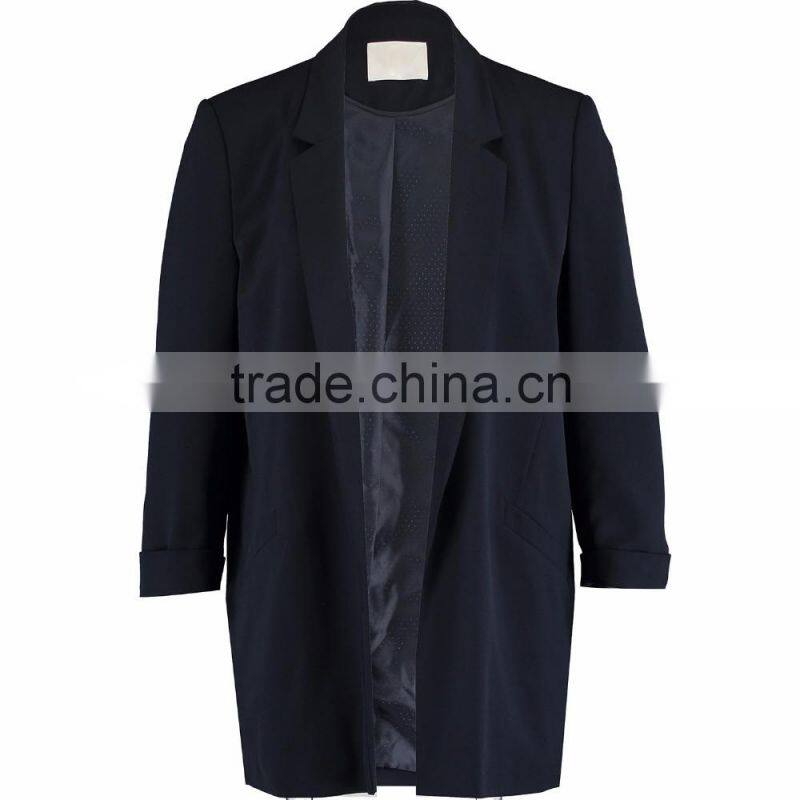 Machine Washable Fashion Navy Open Long Blazer for Women