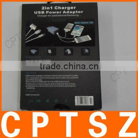 2in1 charger USB power adapter,charge for ipad/iphone/samsung