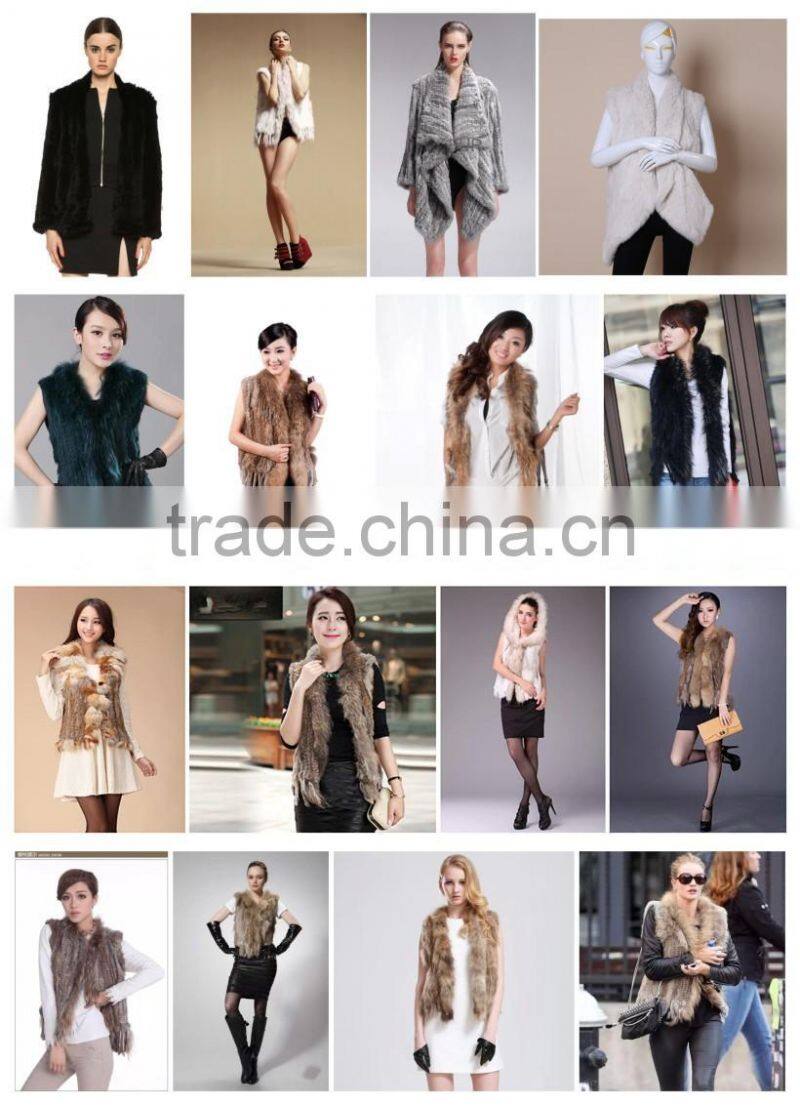 Wholesale Rabbit Fur Vest/ Gilet For Fashion Ladies/Women Knitted Coat With Raccoon Fur Collar