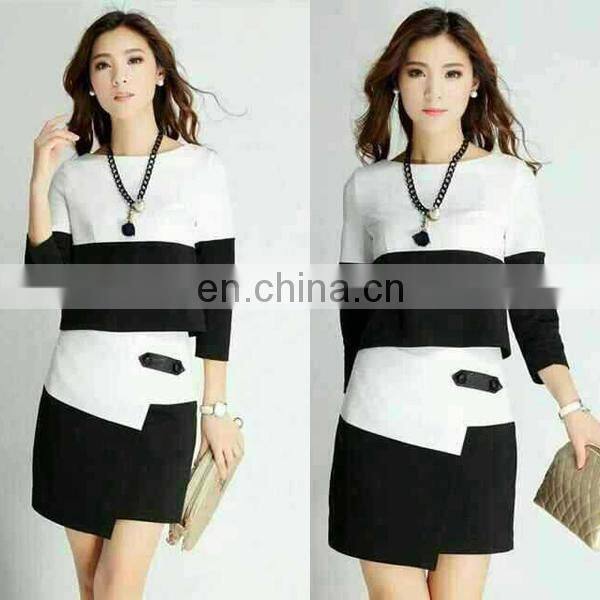 Powersweet Hot Sale Aate Black White Simple Korean Three Quarter Sleeve Lady Dress