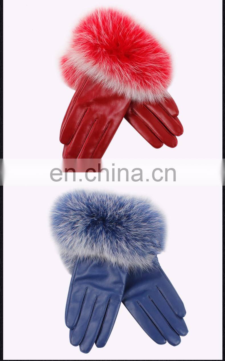 Genuine Sheepskin Leather Gloves Real Fox Fur Cuffs Gloves for Women Winter Leather Glove