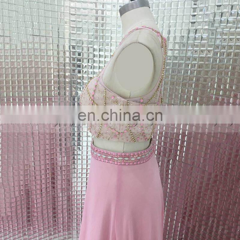 Hot Sale Two-Piece Heavy Beaded Chiffon Pink Evening Dresses LX284