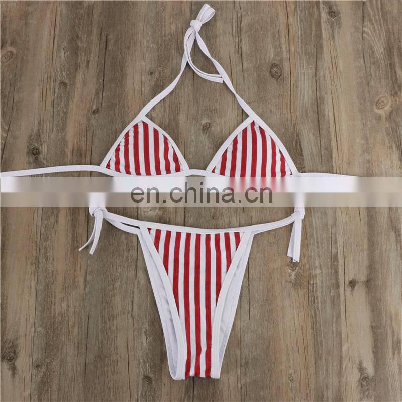 Classic American Triangle Cup Bikini Set Red Blue Striped Bandage High Waist Swimsuit Women Sexy 2019 G String Push Up