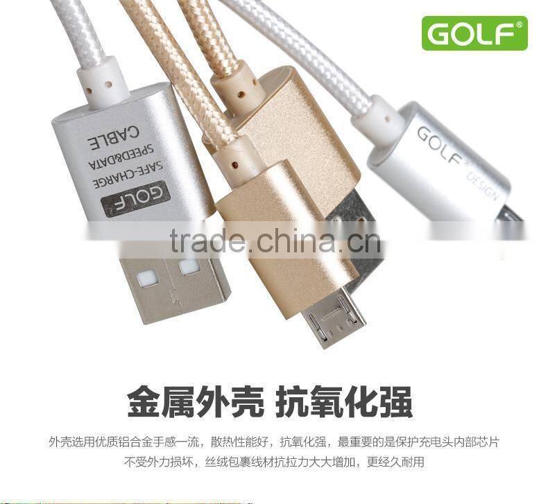 Original GOLF 3M Metal nylon weave Micro USB 2.1A Fast Sync And Charge cable for Android Mobile Phone