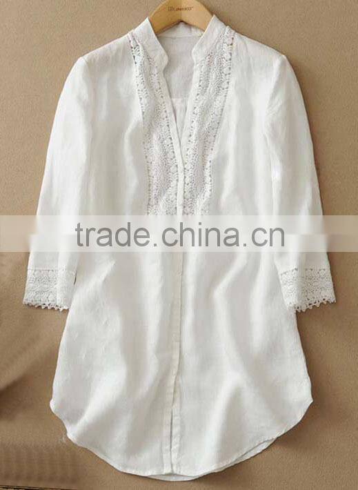 ladies' soft linen shirt plain dye fabric blouse long sleeve lace ornament top