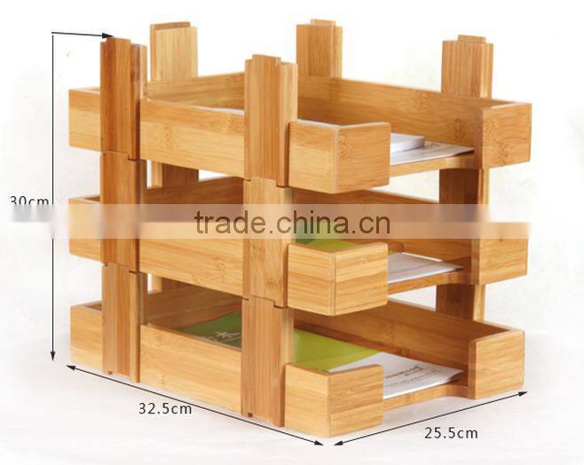 Stackable three layers bamboo office file rack