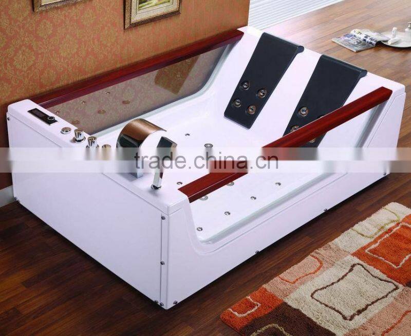 Glass bathtub with wooden handrest for hot tub