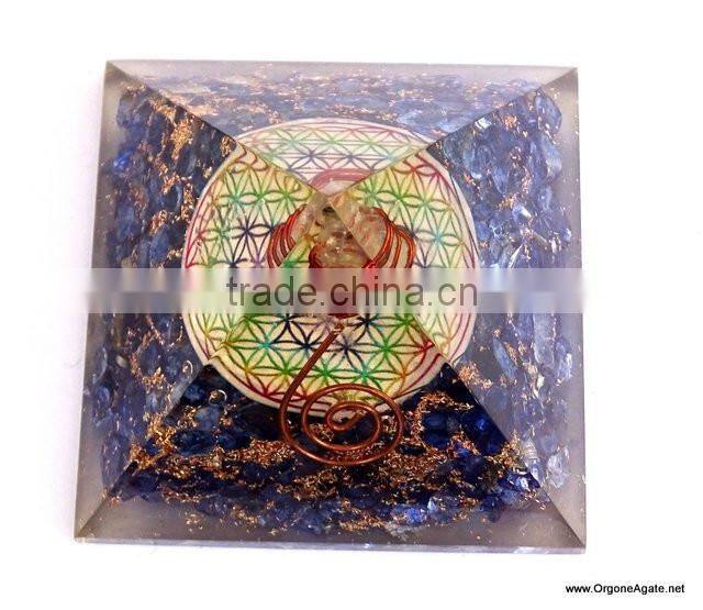 Quality Big Orgone Indigo Chakra Pyramid With Flower Of Life Symbol And Crystal Point | Reiki Pyramid