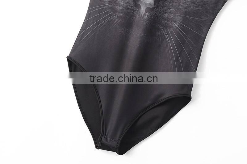 lady clothing backless black cat image printed fabric swimming wear for girls