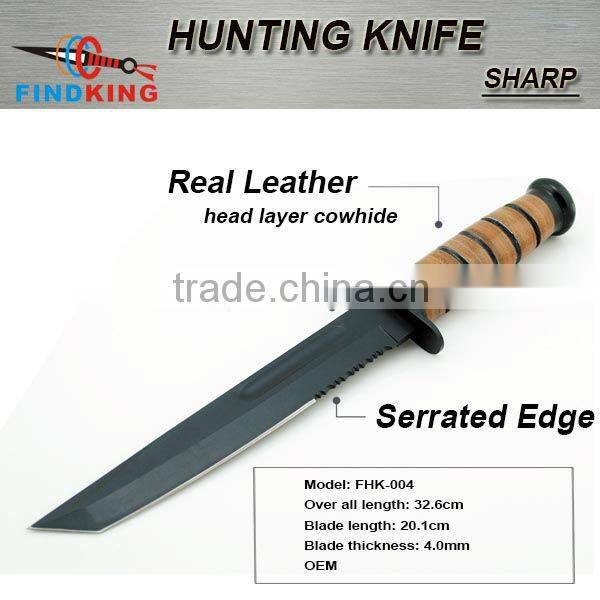 OEM stainless steel fixed blade survival knife with leather handle