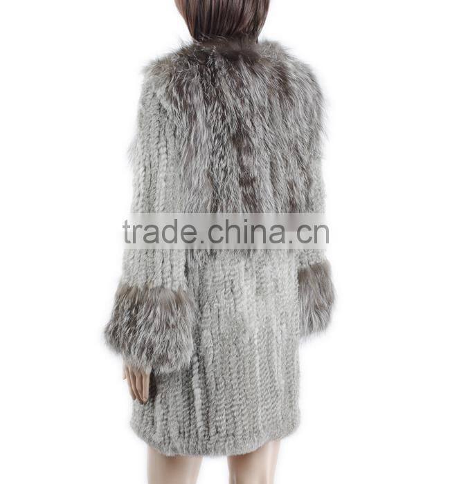 High quality knitted fur coat with rabbit/silver fox fur/high fashion fur style for ladies KZ150105