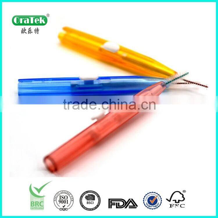 hand push interdental cleaning brush with button