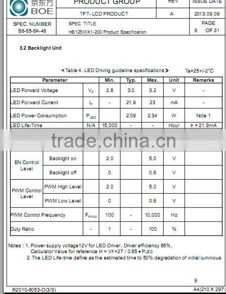 12.5 Inch colour TFT LCD with LCD backlight/Anti-glare surface HB125WX1-200 Monitors