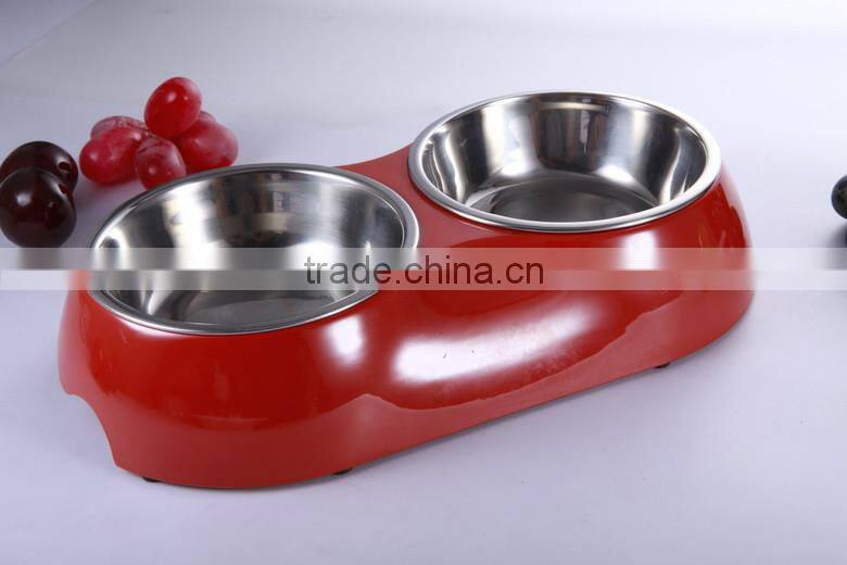 High quality stainless steel 18/8 pet bowl with melamine base, double dog bowl for both water and food