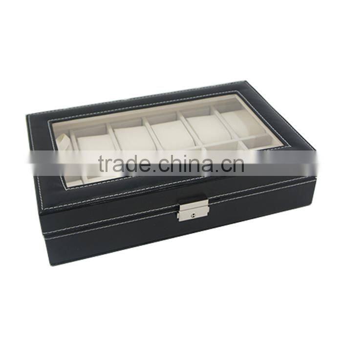 Black Leather 12 Mens Watch Box Glass Top Watch Display Case Organizer