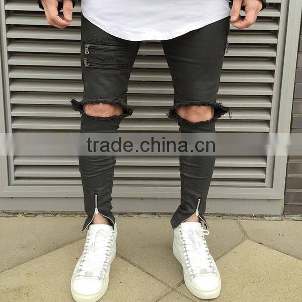 Europe grey black ripped denim pants slim jeans with zip down
