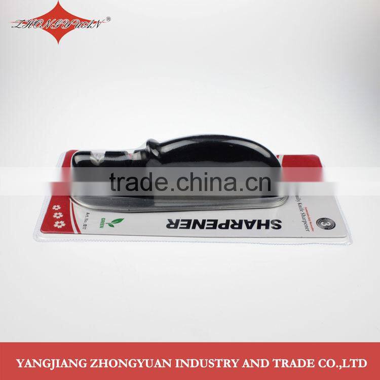 Unique design two-stage knife sharpener with stainless steel safety tray