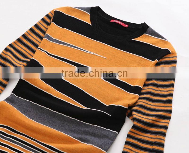 2016 men's stripe design sweater 100%wool round neck
