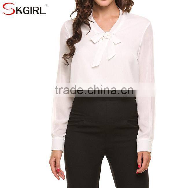 Casual loose fit tie-bow neck long cuffed sleeve office wear tops latest formal skirt chiffon blouse patterns for ladies