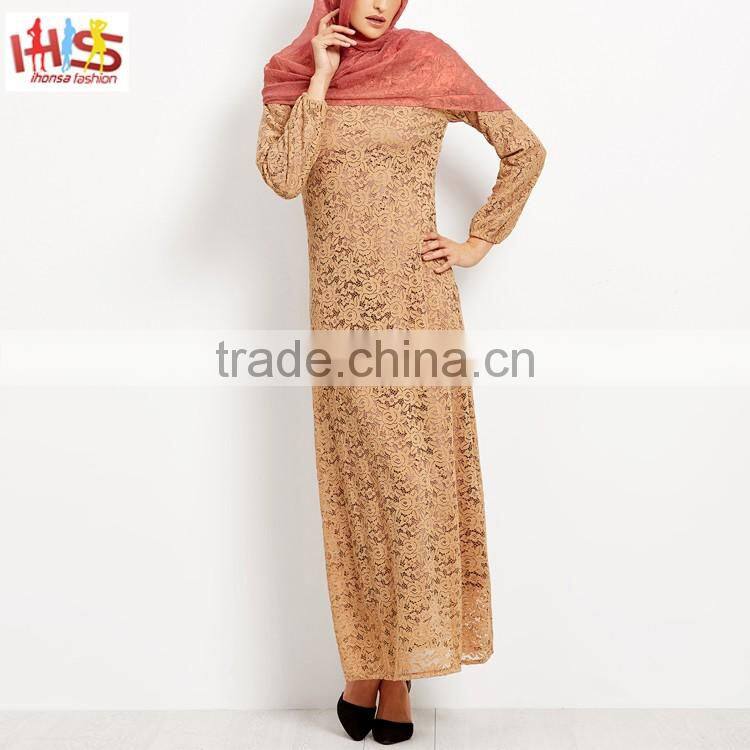 Muslim Lace Overlay Long Sleeve Islamic Kaftan Abaya Maxi Dress New Model Abaya in Dubai HST7733