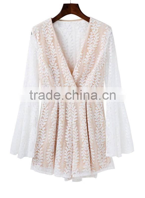 Ladies fashion white lace v neck long flare sleeve adult romper
