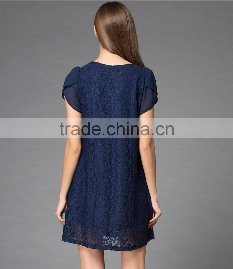 New designer short sleeve plain navy blue crochet lace one piece party dress
