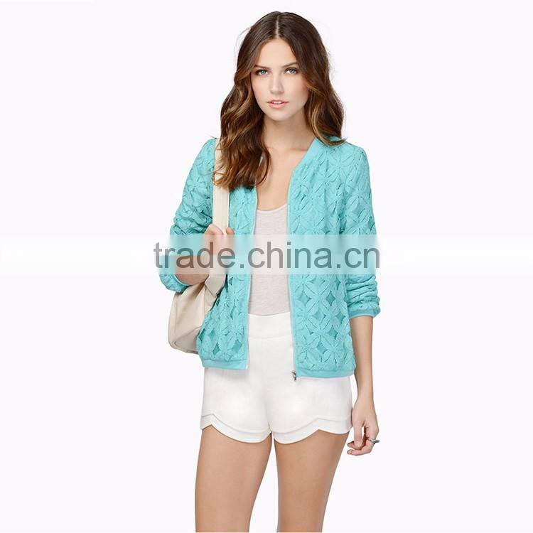 HAODUOYI Women Zip Front Lace Embroidery Jacket Base Ball Style Sport Blazer