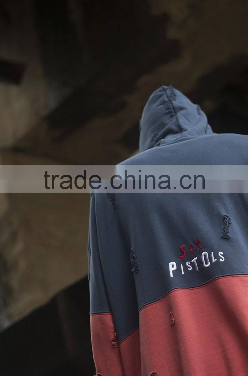 China Suppliers New Custom Fashion Men Contrast Two Color Pullover Oversized Distressed Hoodie with embroidered logo
