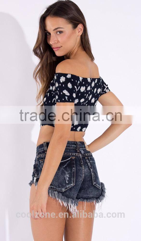 Fashion off-shoulder design short sleeve crop top for women, floarl print women tank top