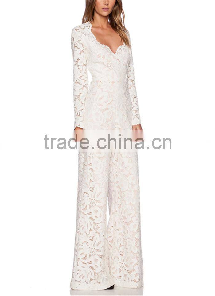 latest spring luxury elegant white lace long sleeve jumpsuit for women