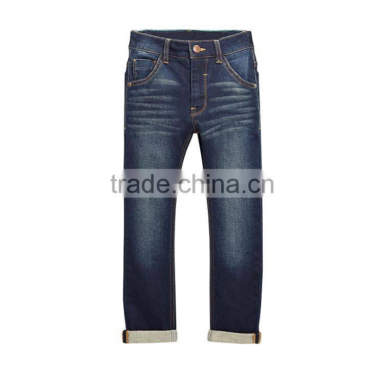 OEM service 100% cotton roll hem skinny hand brush jeans trousers for children