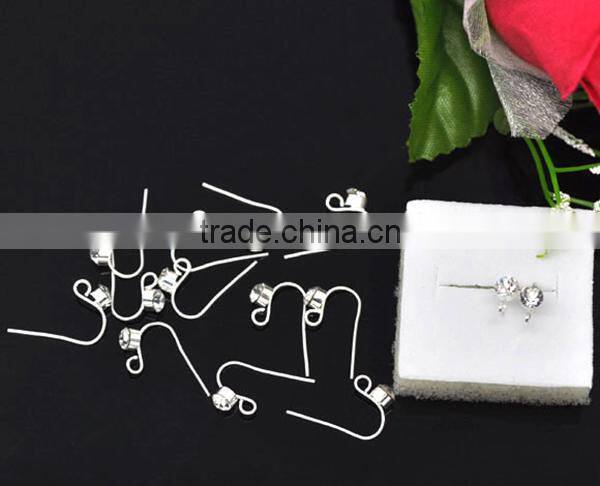 Earwire, with loop clear rhinestone, copper, silver plated, 18x10mm. 5 pairs