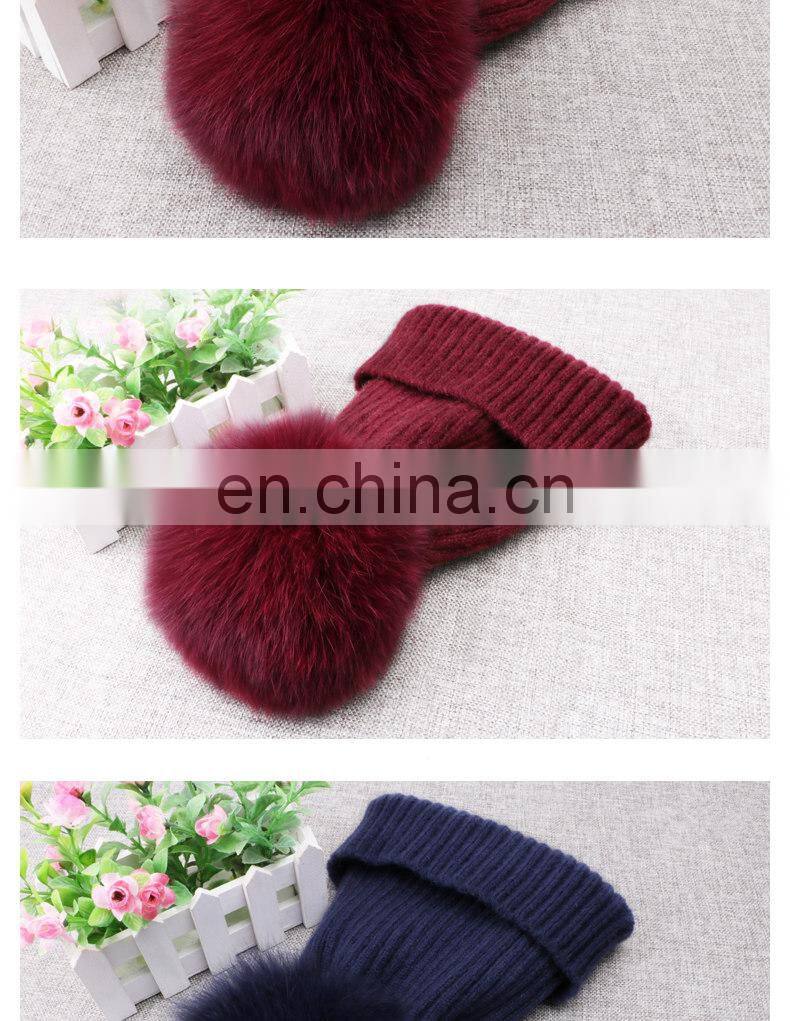 Winter Wool Knitted Beanies Scarf Fox Fur Pompom Knitted Hat Wool