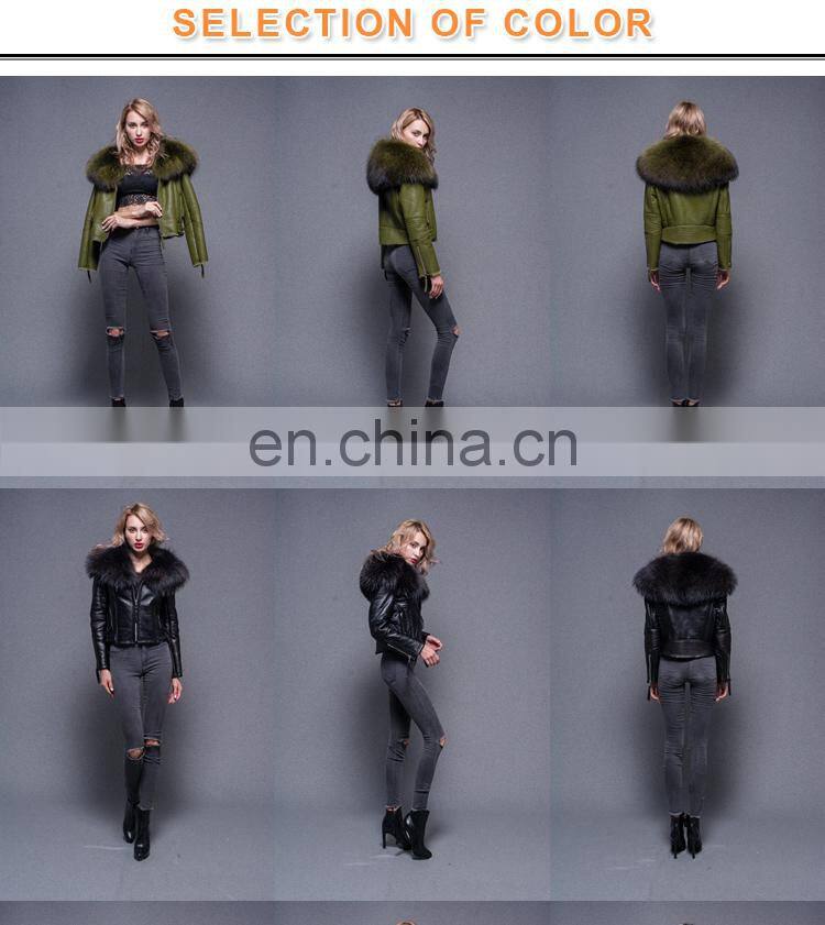 Three color selectable Big Raccoon Collar Lining Ladies Jackets Coats Winter Fashion Sheep Fur And Leahter Overcoat