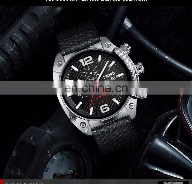 new SKMEI 9190 genuine leather strap 3atm water resistant quartz watch for men