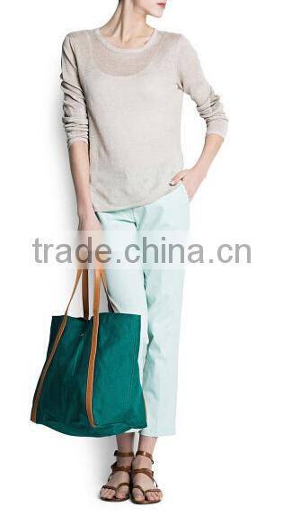 Leather handle polyester woman handbag