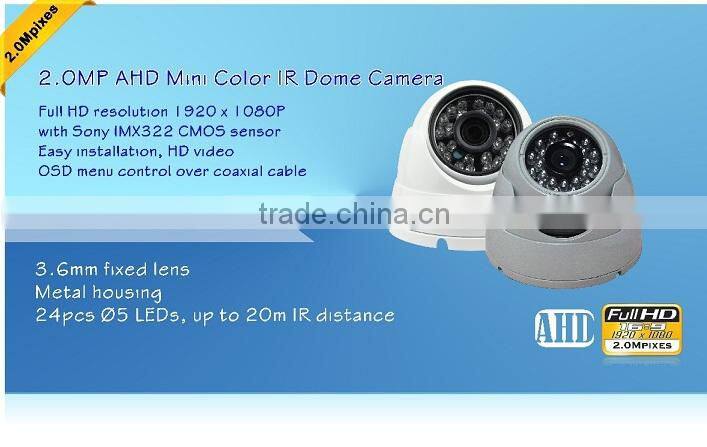 1080P sony 322 ahd camera with metal housing mini dome camera ir distance 20m with 3.6mm fixed lens 2.0MP cctv camera