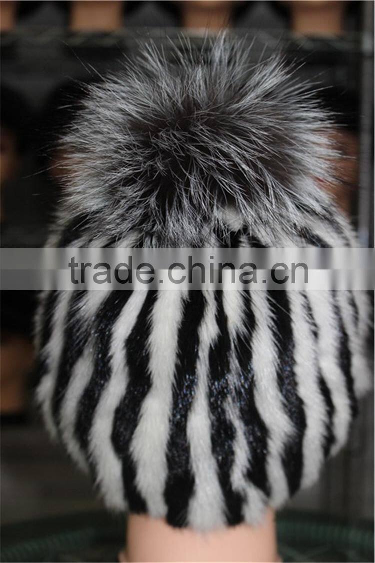 Women Beanies Real Stripe Knitted Mink Fur Caps With Top Silver Fox Fur Ball Hats