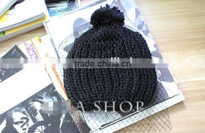 Hot Selling Lace Cover Tied Plain Acrylic Knitting Fashion Ladies Beanie Hat