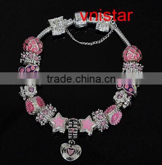 Vnisatr antique silver plated handbag shaped european beads jewelry with born to shop stamped fit for bracelet pbd2391