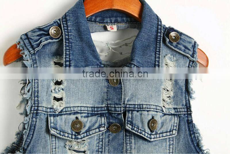 2016 ss new fashion cool punk style jean vest with hole and chain,alibaba china supplier