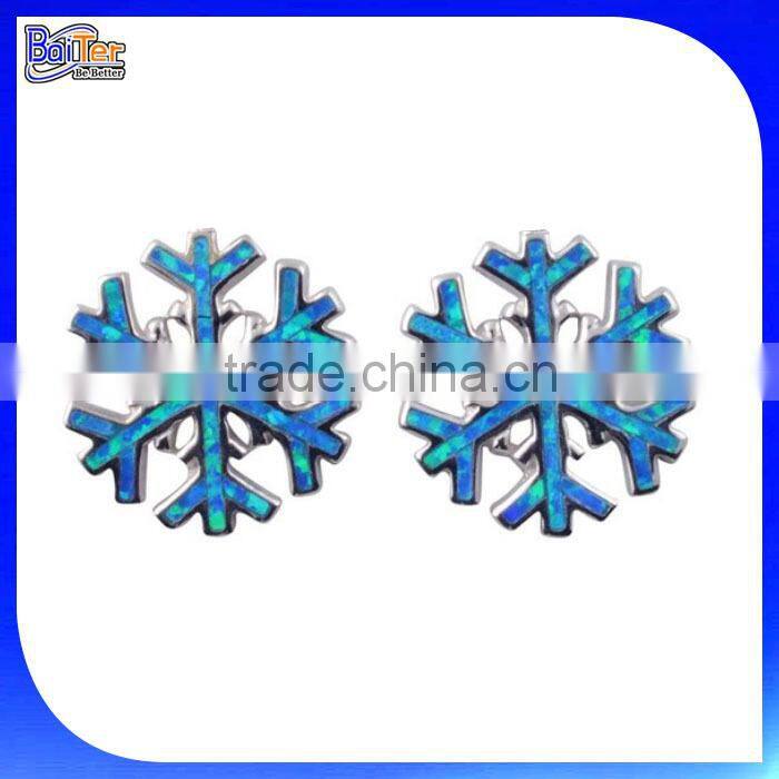 Custom Snow Flake Snowflake Drop Earring, Blue and Clear Round Cubic Zirconia Dangle Synthetic Earrings Silver