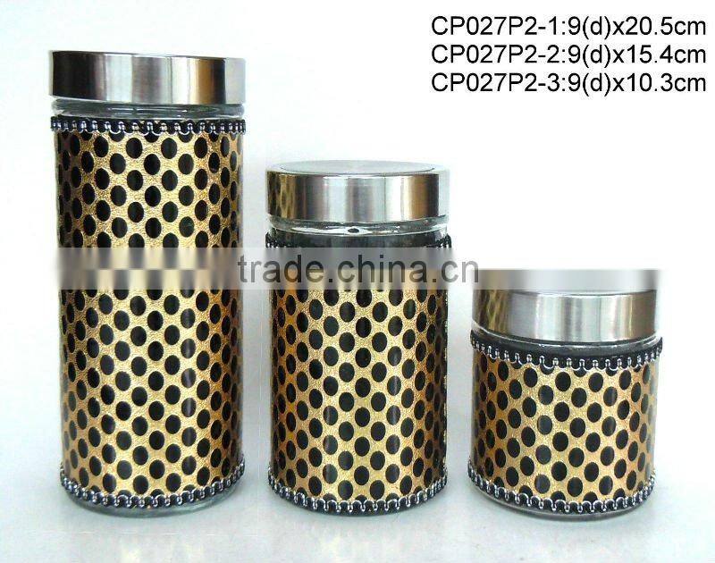CP027P5 round glass jar with leather coating