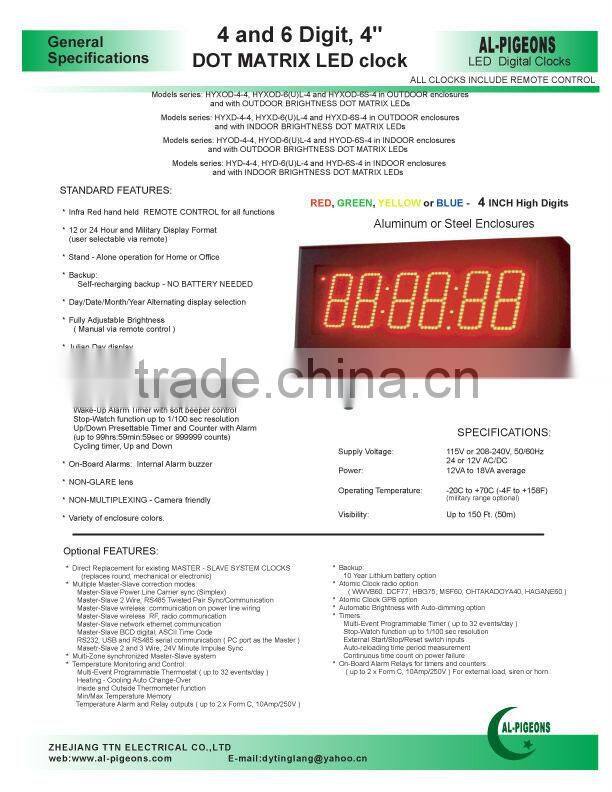 4 and 6 Digit, 4"DOT MATRIX LED clock