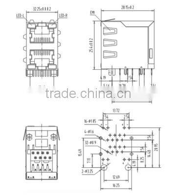 quality rj45 2 row network connector with 90 degree