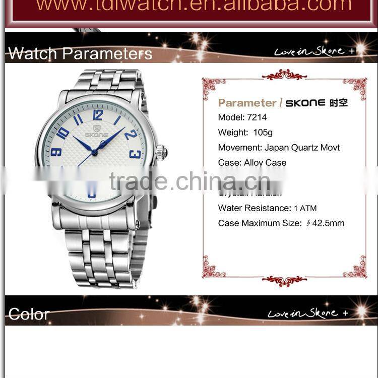 SKONE 7214 cheap mens water resistant japan movt quartz watch stainless steel